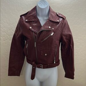 Zara Burgundy Leather Moto Jacket Asymmetrical Zip